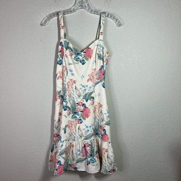 Parker Womens White Multicolor Yuna Dress Mini Floral‎ Pleated Hem Tie Back Sz 6 - Picture 1 of 6
